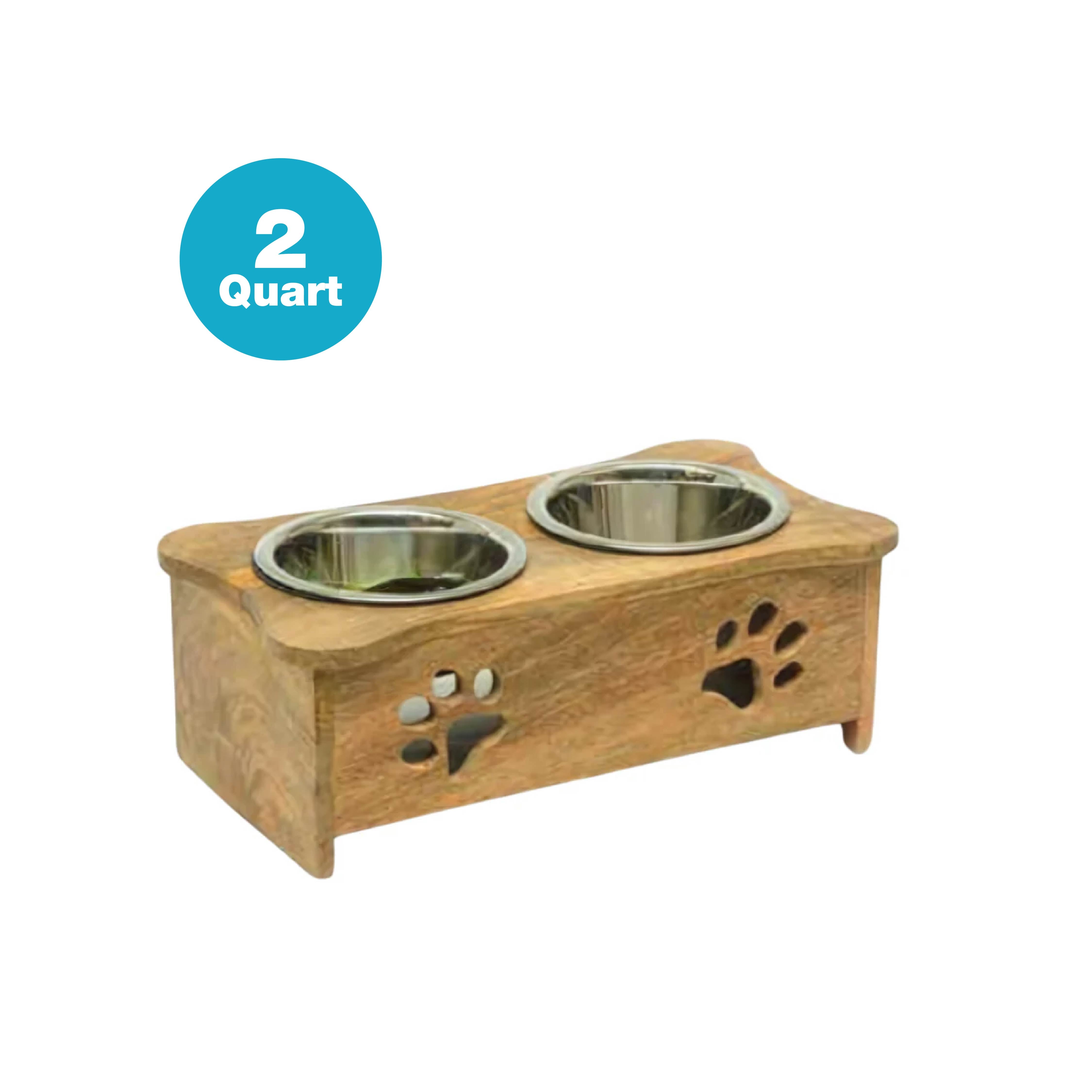 Wooden Paw Design Double Diner With Removable Stainless Steel Bowls