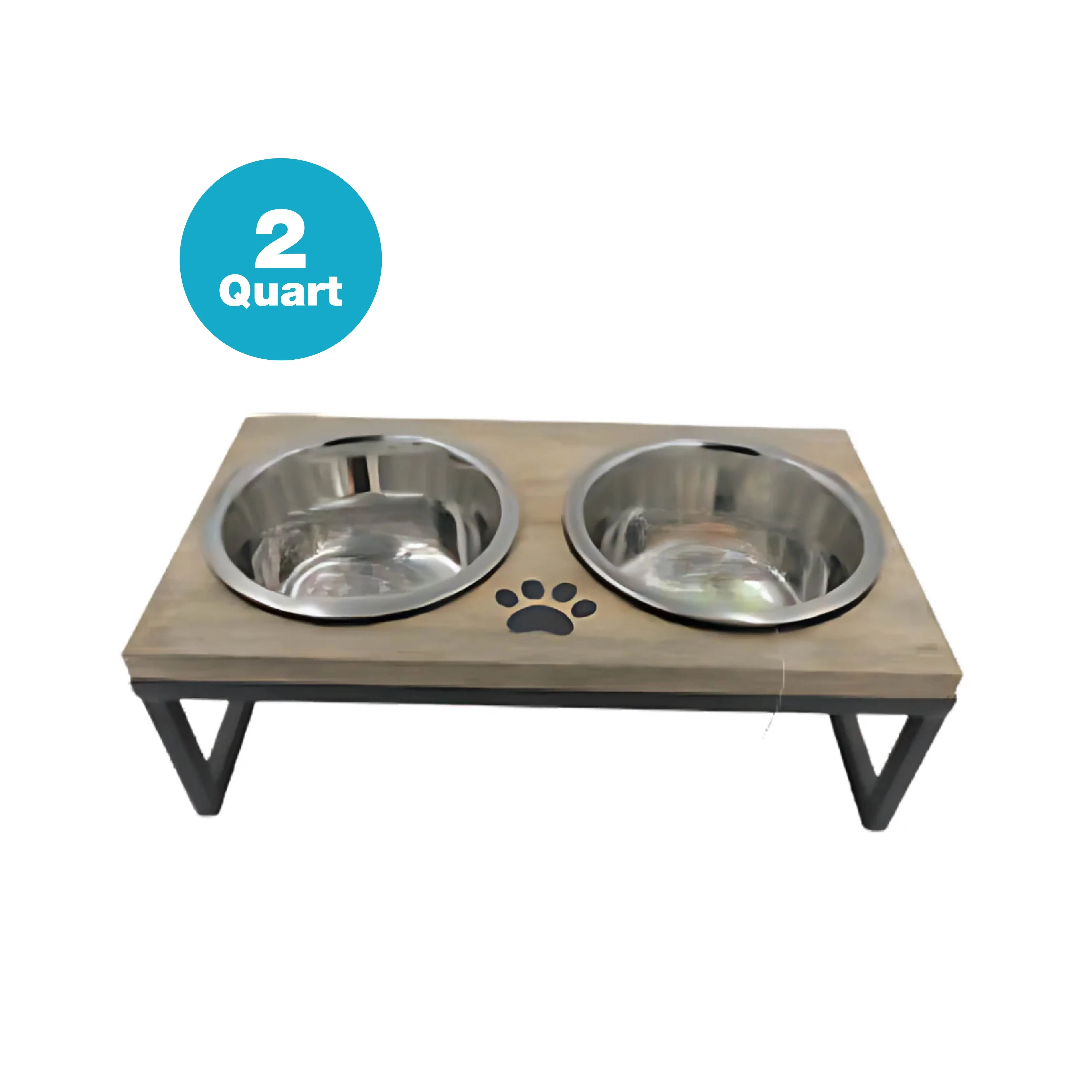 Iron and Wooden Modern Double Diner With Removable Stainless Steel Bowls