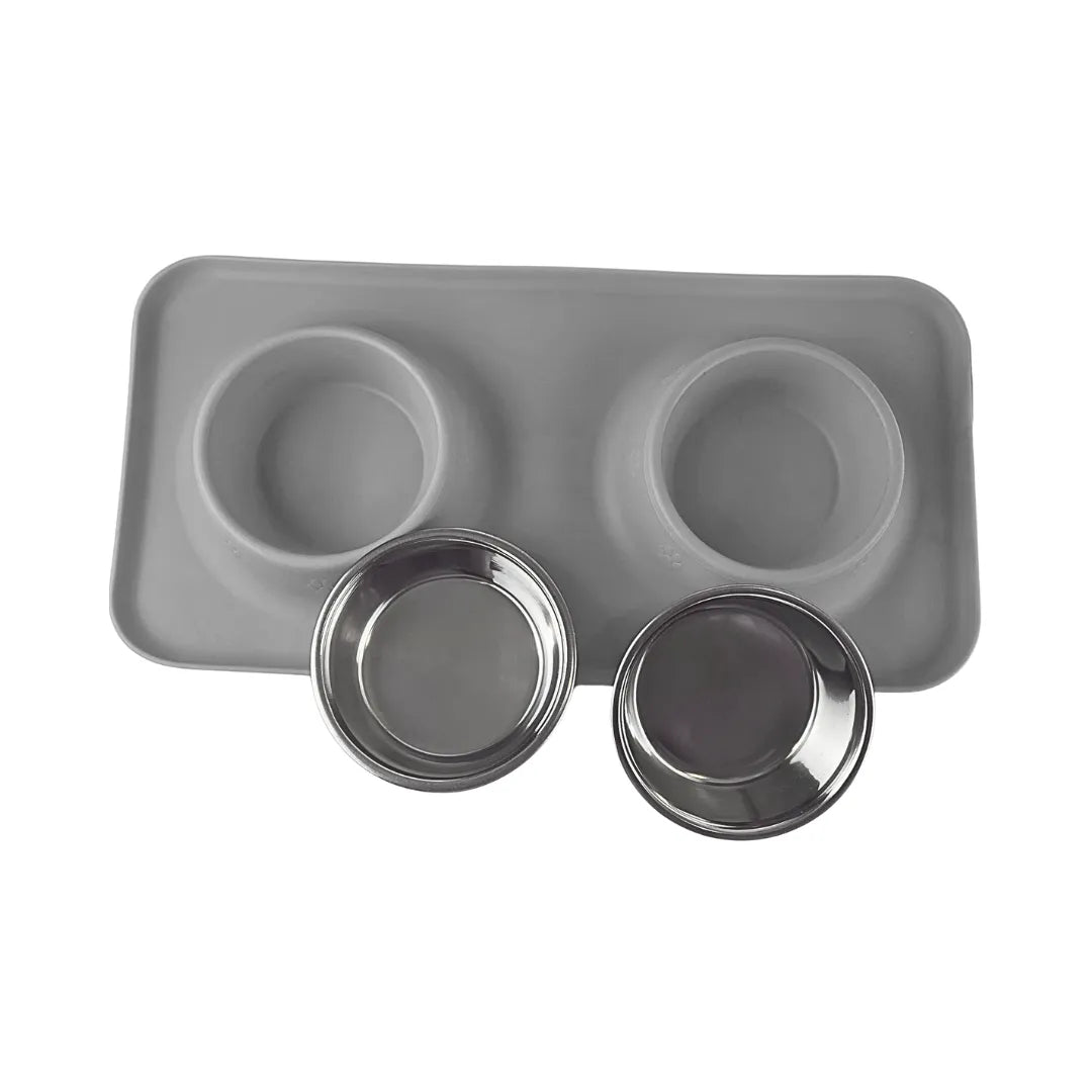 Silicone Rectangular Non Skid Mat with Stainless Steel Bowls - Small - 7 Colors