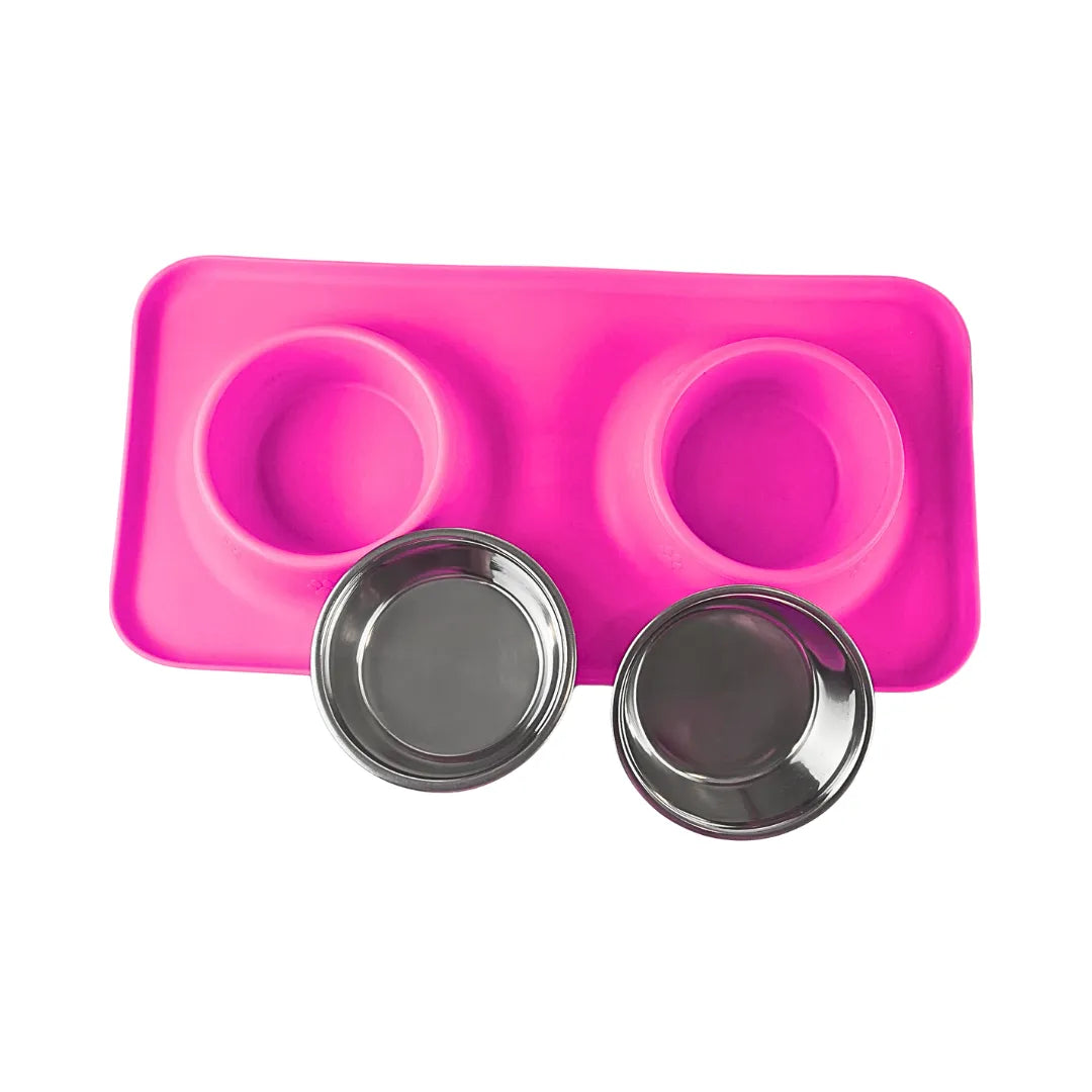 Silicone Rectangular Non Skid Mat with Stainless Steel Bowls - Small - 7 Colors