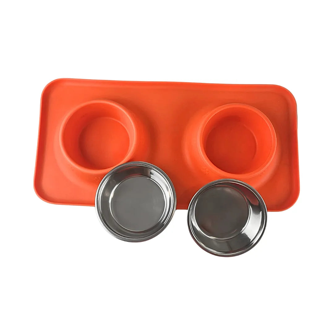 Silicone Rectangular Non Skid Mat with Stainless Steel Bowls - Small - 7 Colors
