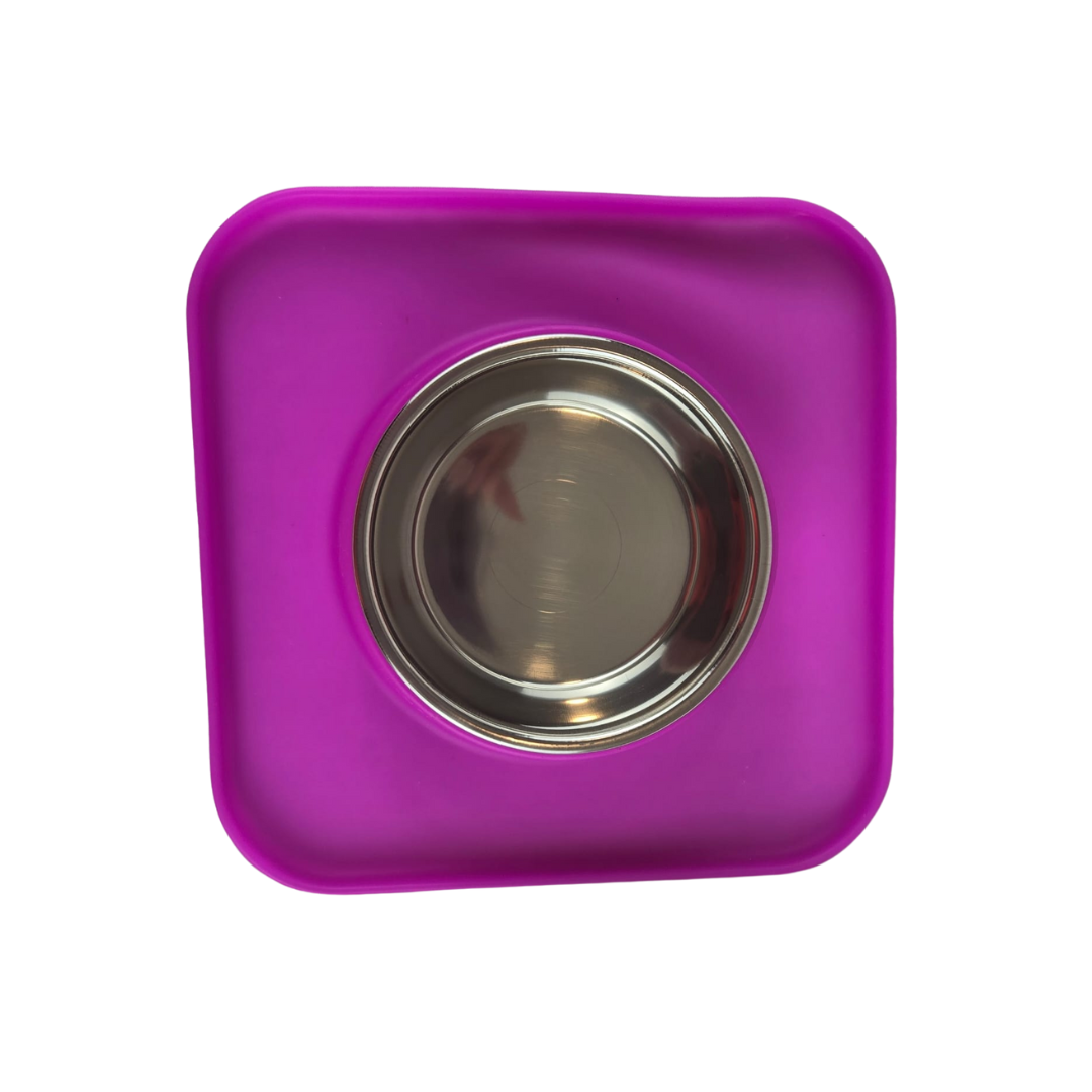 Silicone Square Non Skid Mat with Stainless Steel Bowl - Large - 7 Colors