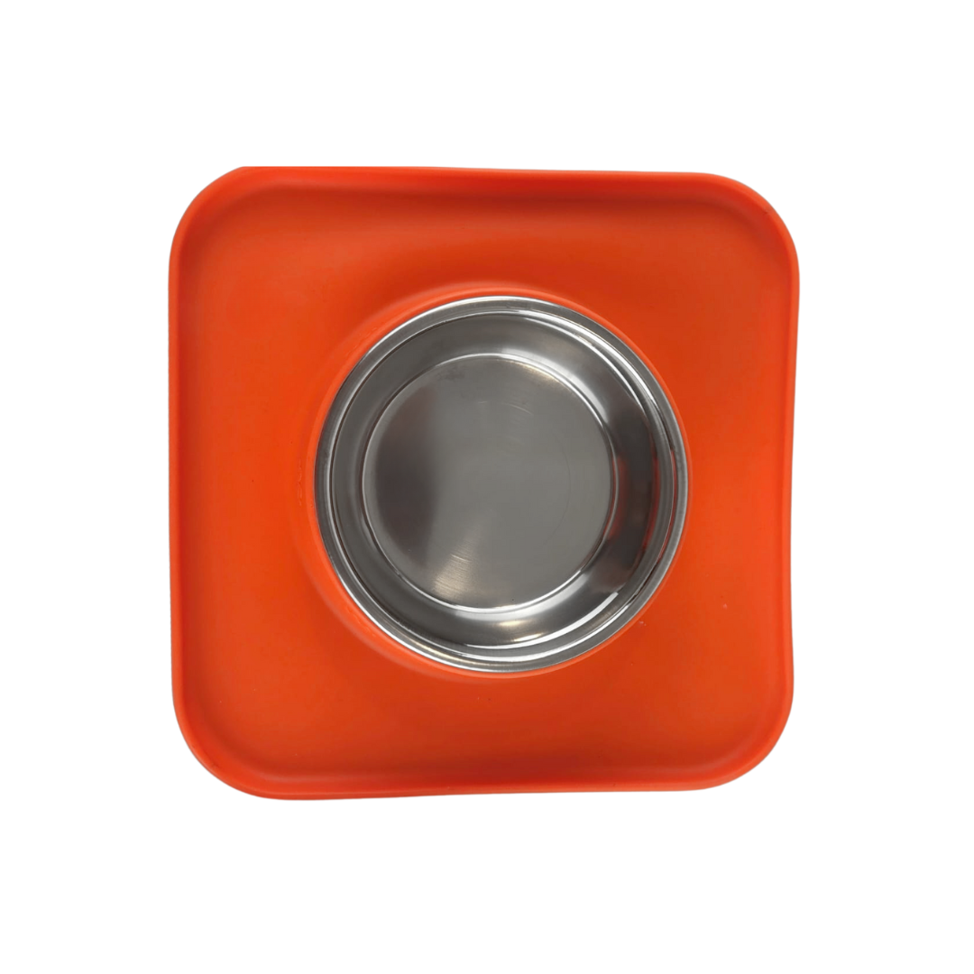 Silicone Square Non Skid Mat with Stainless Steel Bowl - Large - 7 Colors