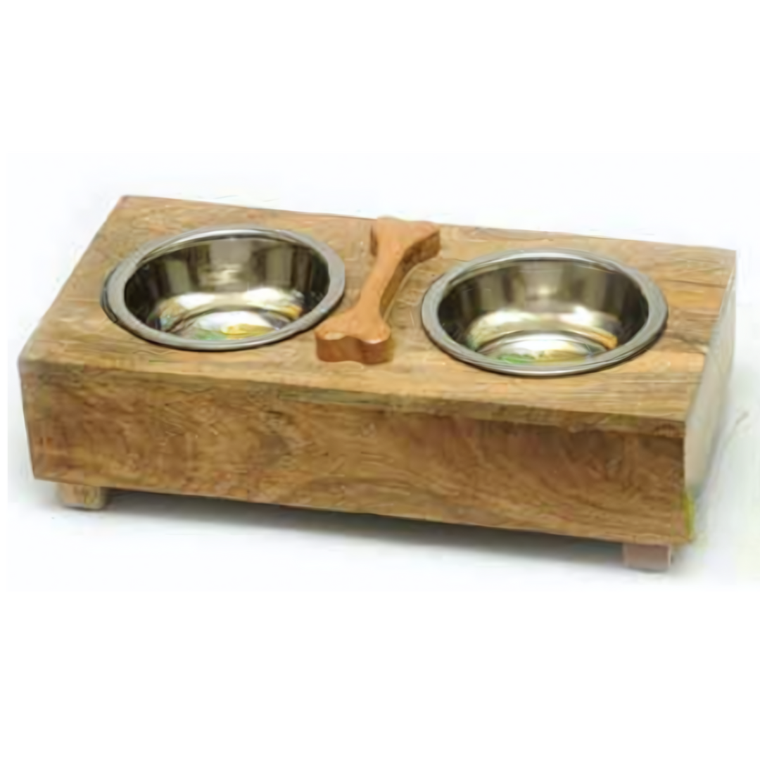 Wooden Bone Design Double Diner With Removable Stainless Steel  Bowls