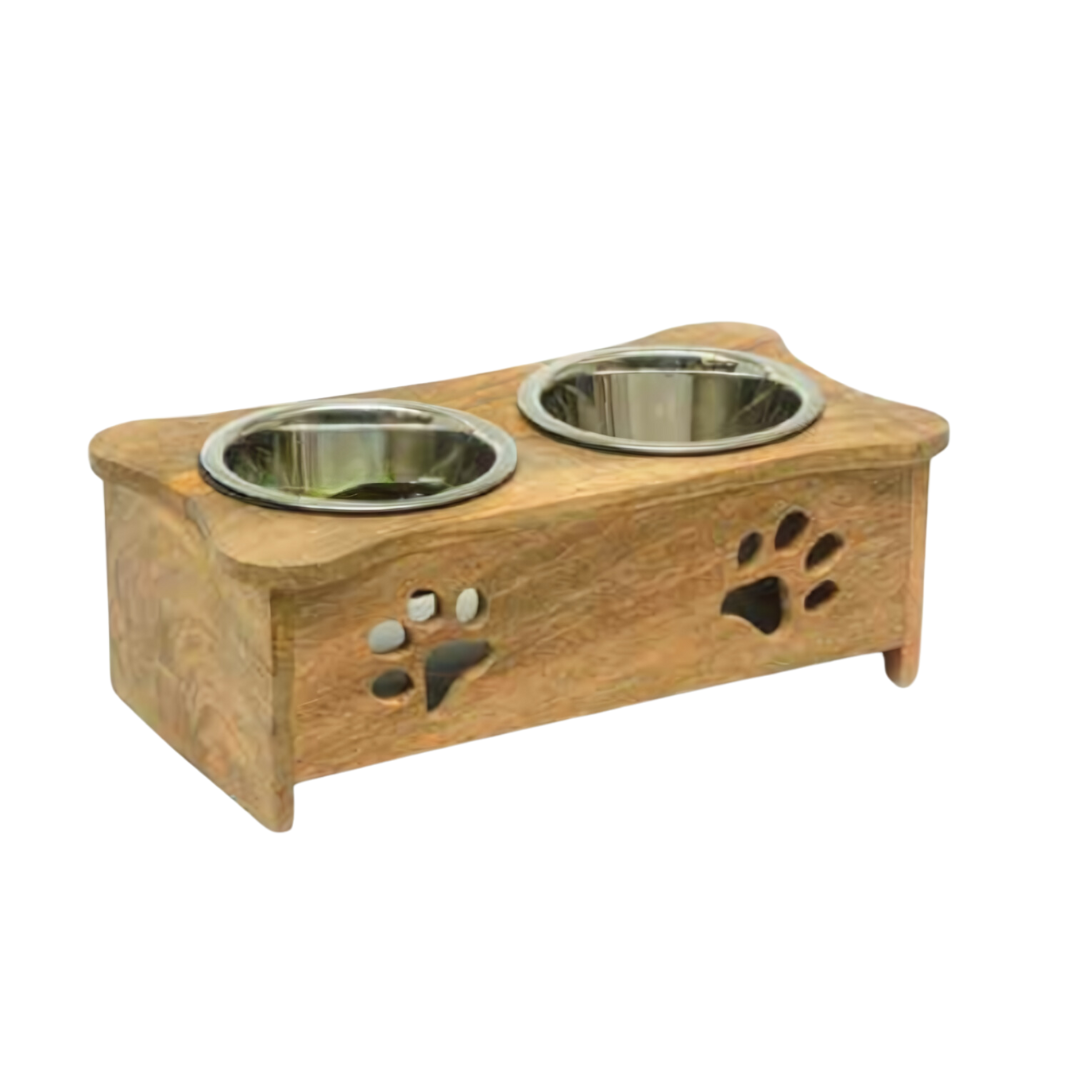 Wooden Paw Design Double Diner With Removable Stainless Steel Bowls
