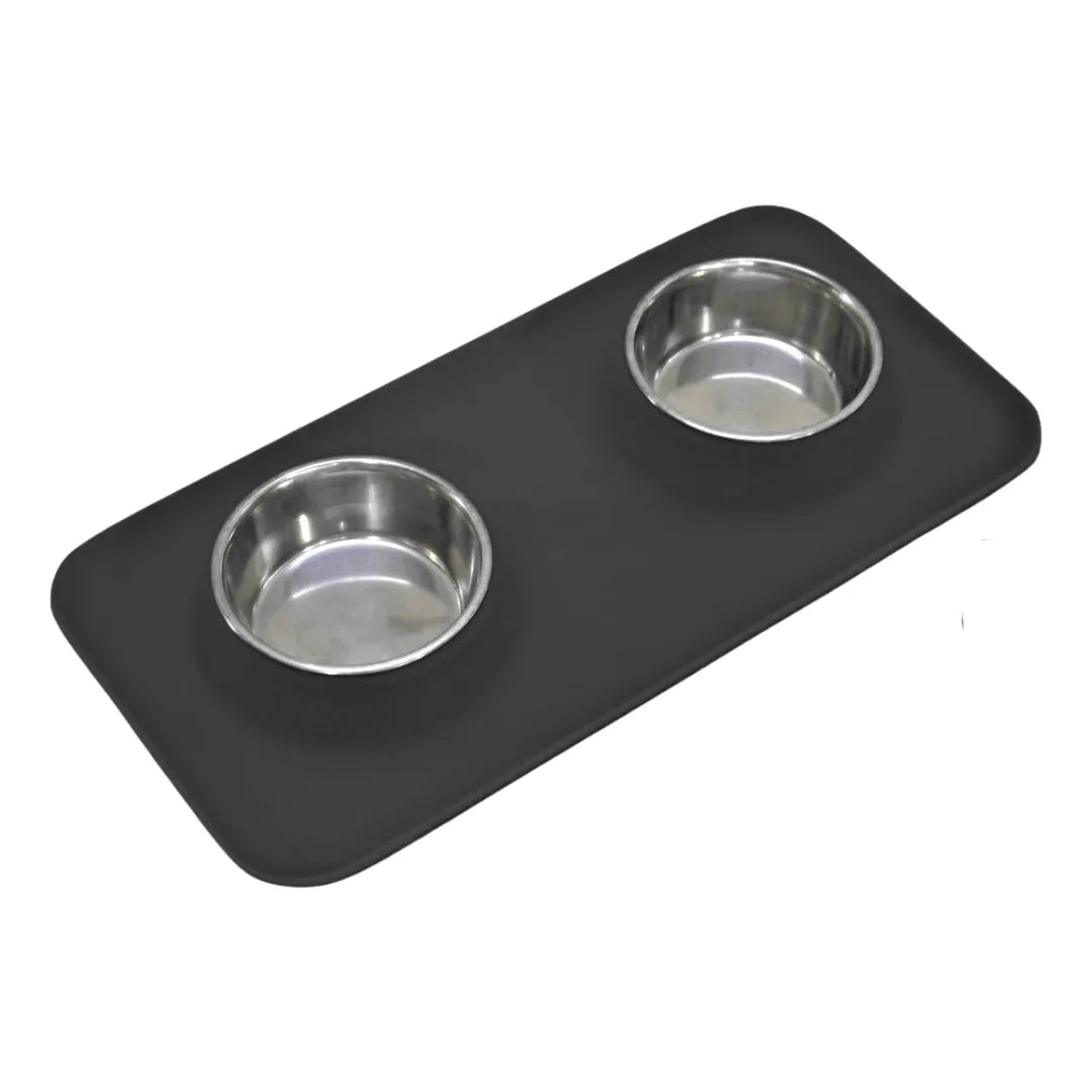 Silicone Rectangular Non Skid Mat with Stainless Steel Bowls - Large - 7 Colors