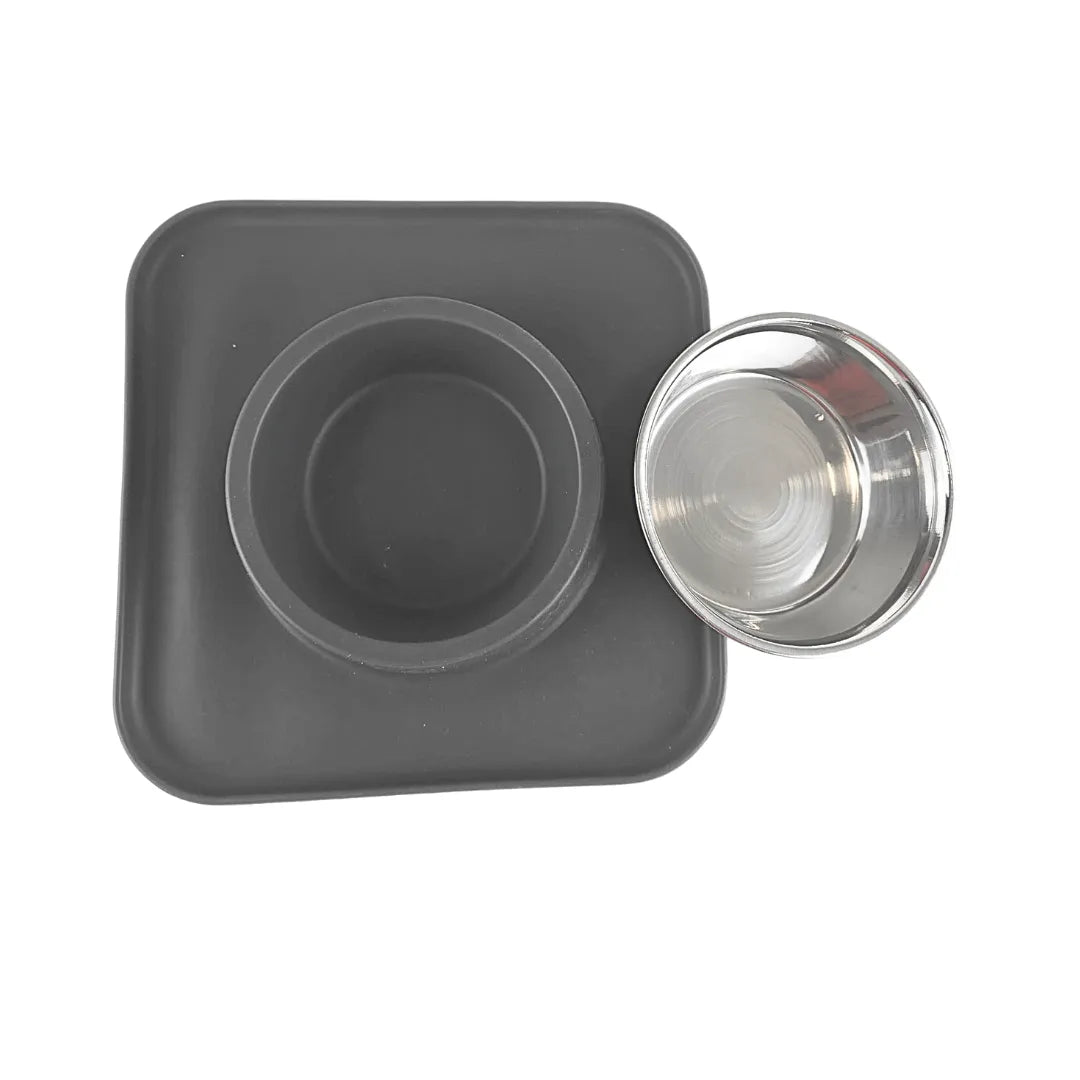 Silicone Square Non Skid Mat with Stainless Steel Bowl - Small - 7 colors