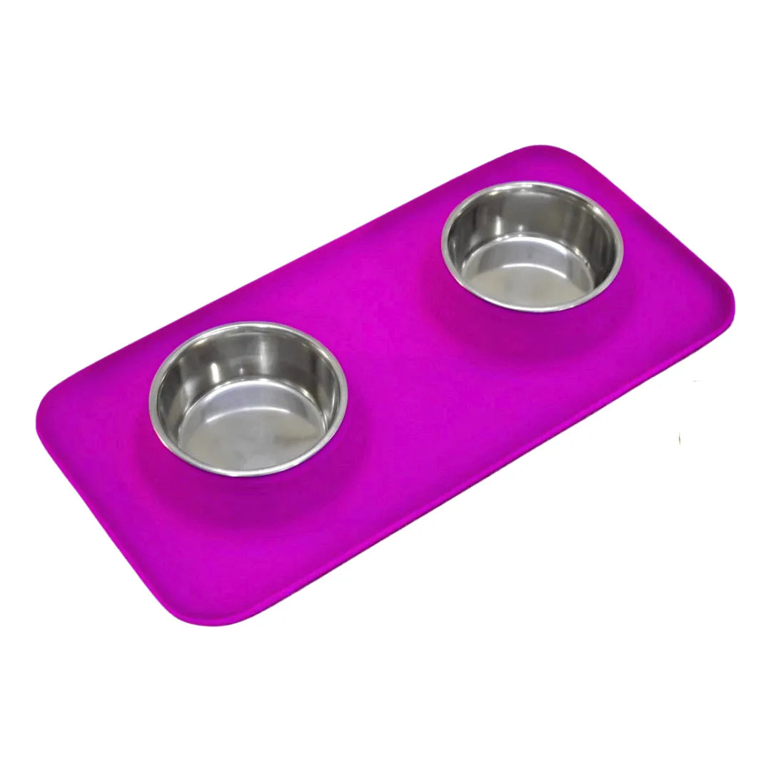 Silicone Rectangular Non Skid Mat with Stainless Steel Bowls - Large - 7 Colors