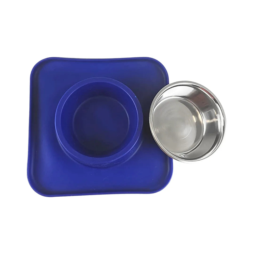 Silicone Square Non Skid Mat with Stainless Steel Bowl - Small - 7 colors