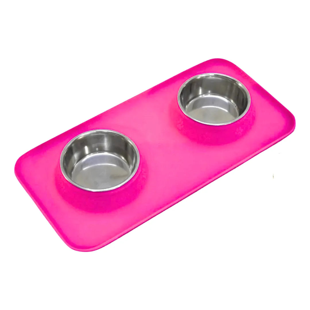 Silicone Rectangular Non Skid Mat with Stainless Steel Bowls - Large - 7 Colors
