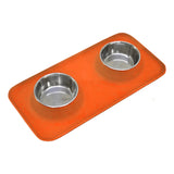 Silicone Rectangular Non Skid Mat with Stainless Steel Bowls - Large - Orange