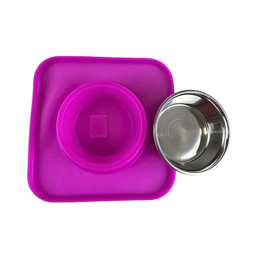 Silicone Square Non Skid Mat with Stainless Steel Bowl - Small - 7 colors
