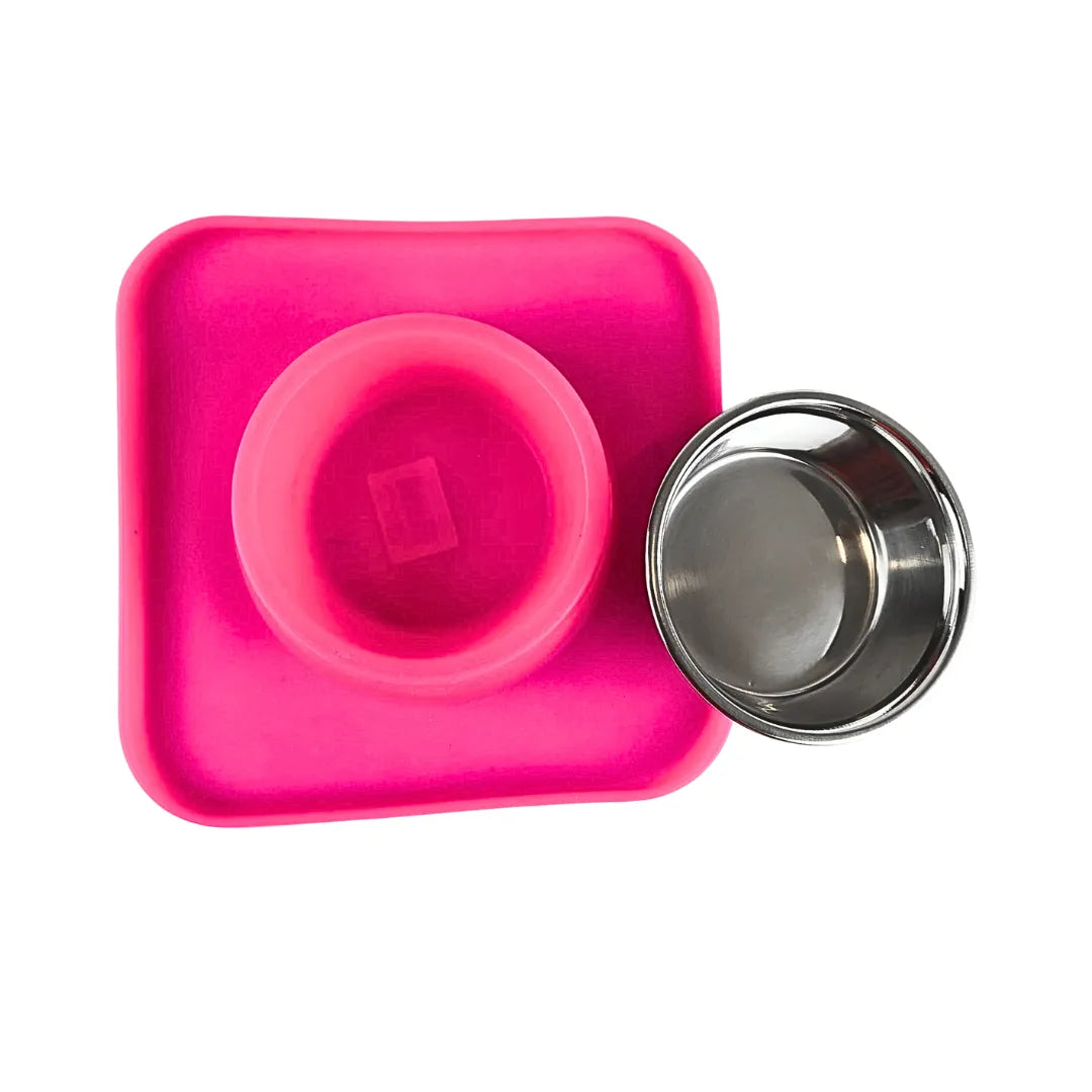Silicone Square Non Skid Mat with Stainless Steel Bowl - Small - 7 colors