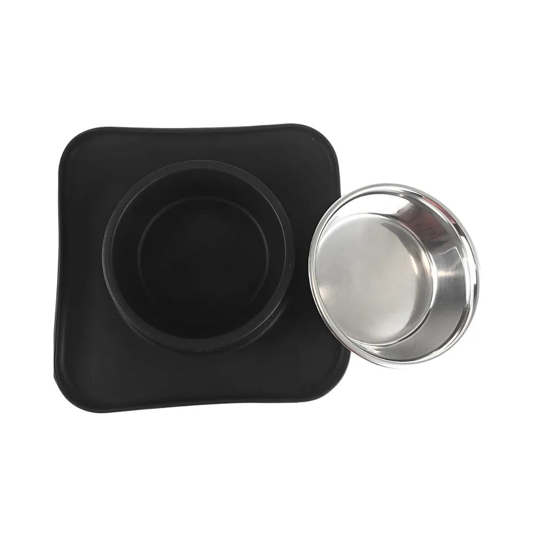 Silicone Square Non Skid Mat with Stainless Steel Bowl - Small - 7 colors