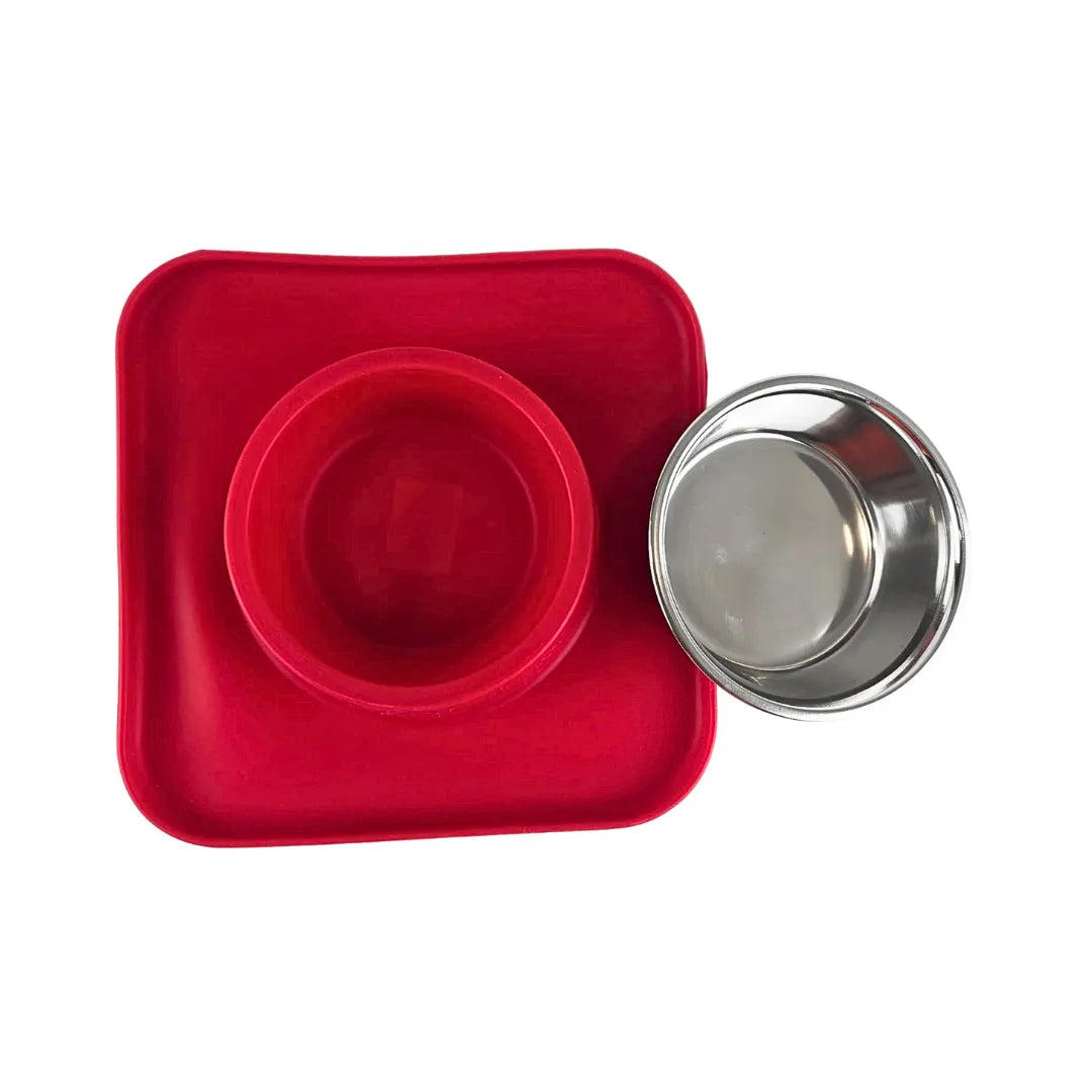 Silicone Square Non Skid Mat with Stainless Steel Bowl - Small - 7 colors