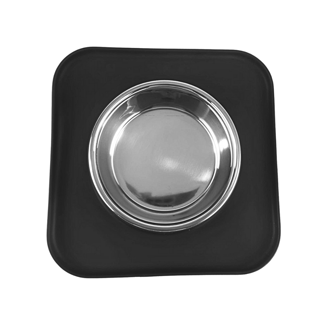 Silicone Square Non Skid Mat with Stainless Steel Bowl - Large - 7 Colors