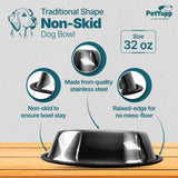 Traditional Shape Non-Skid Stainless Steel Dog Feeding Bowl - 32 Oz