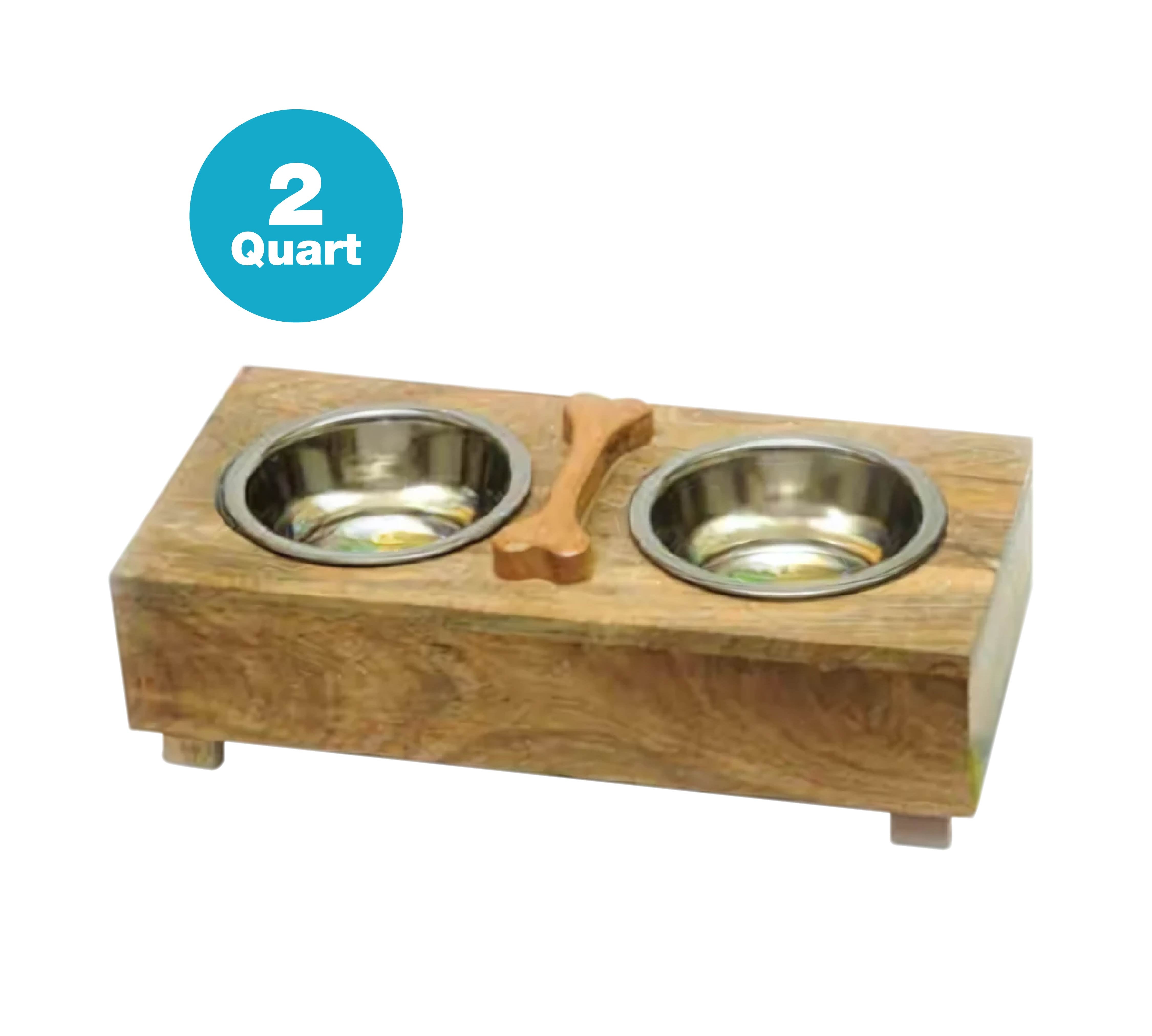 Wooden Bone Design Double Diner With Removable Stainless Steel  Bowls