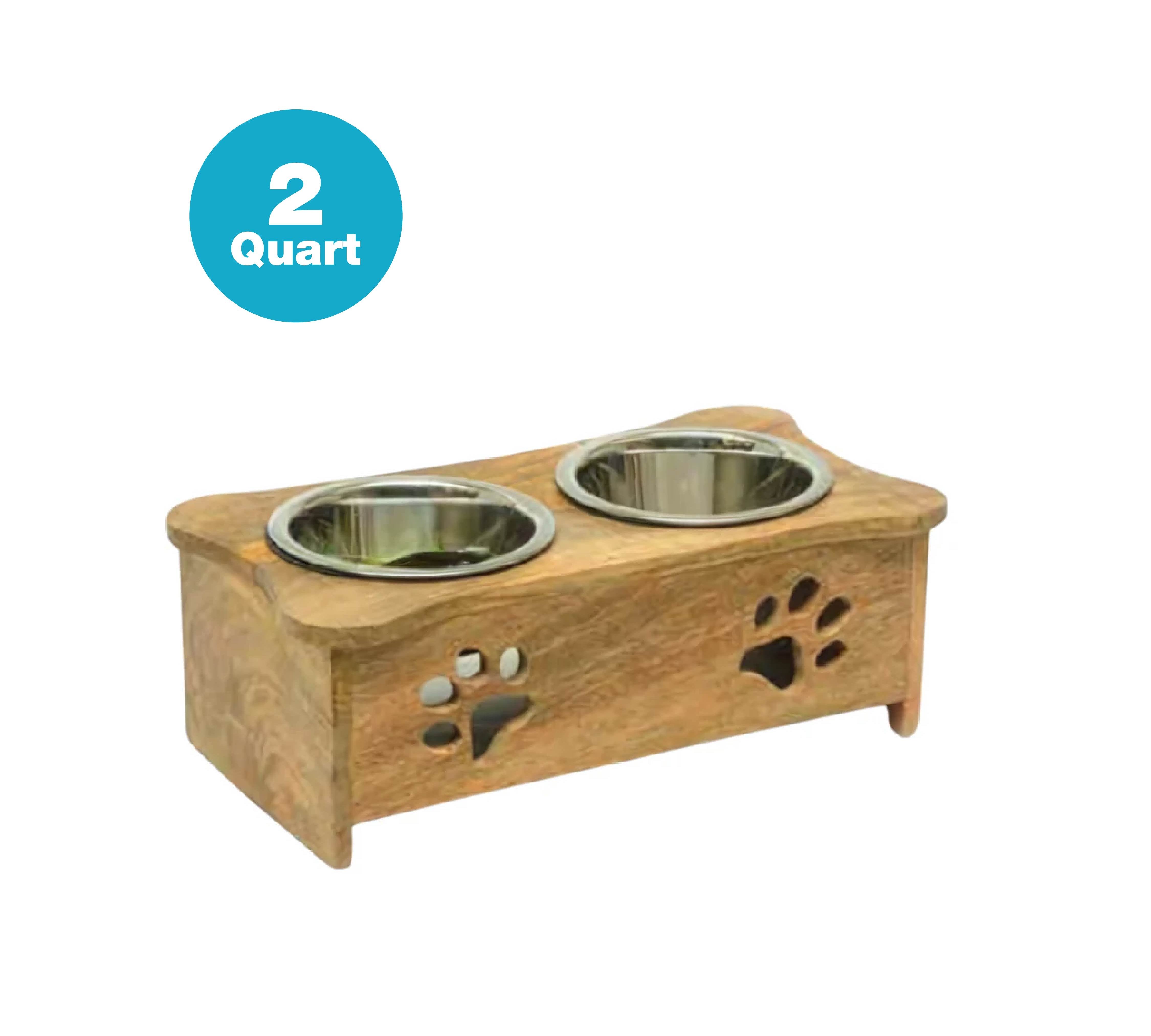 Wooden Paw Design Double Diner With Removable Stainless Steel Bowls