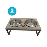 Iron and Wooden Modern Double Diner With Removable Stainless Steel Bowls