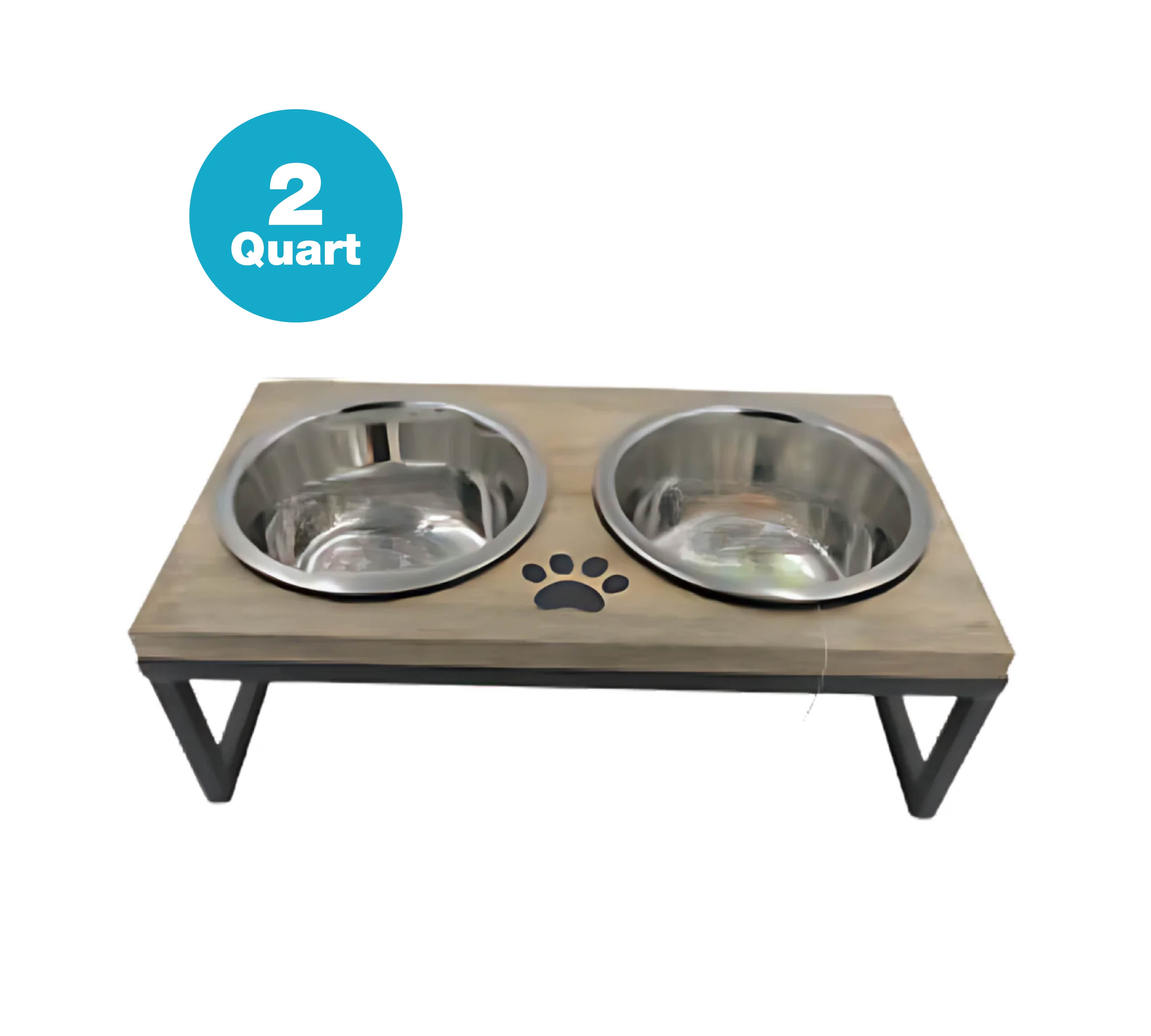 Iron and Wooden Modern Double Diner With Removable Stainless Steel Bowls