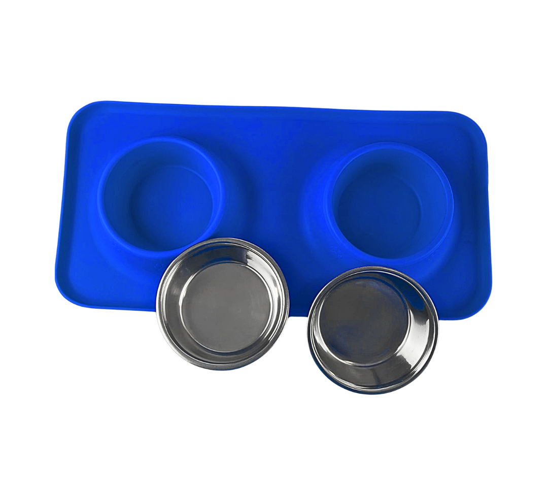 Silicone Rectangular Non Skid Mat with Stainless Steel Bowls - Small - 7 Colors