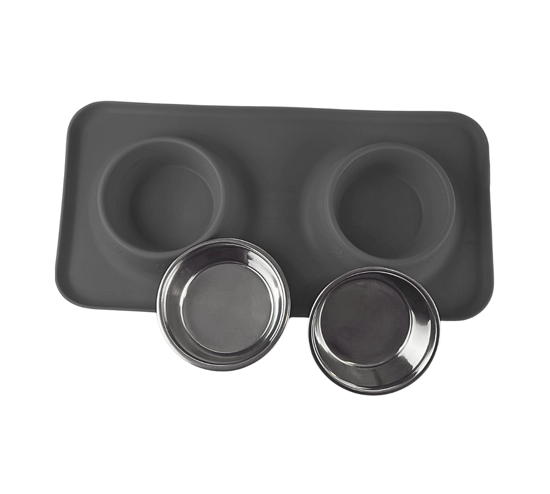 Silicone Rectangular Non Skid Mat with Stainless Steel Bowls - Small - 7 Colors