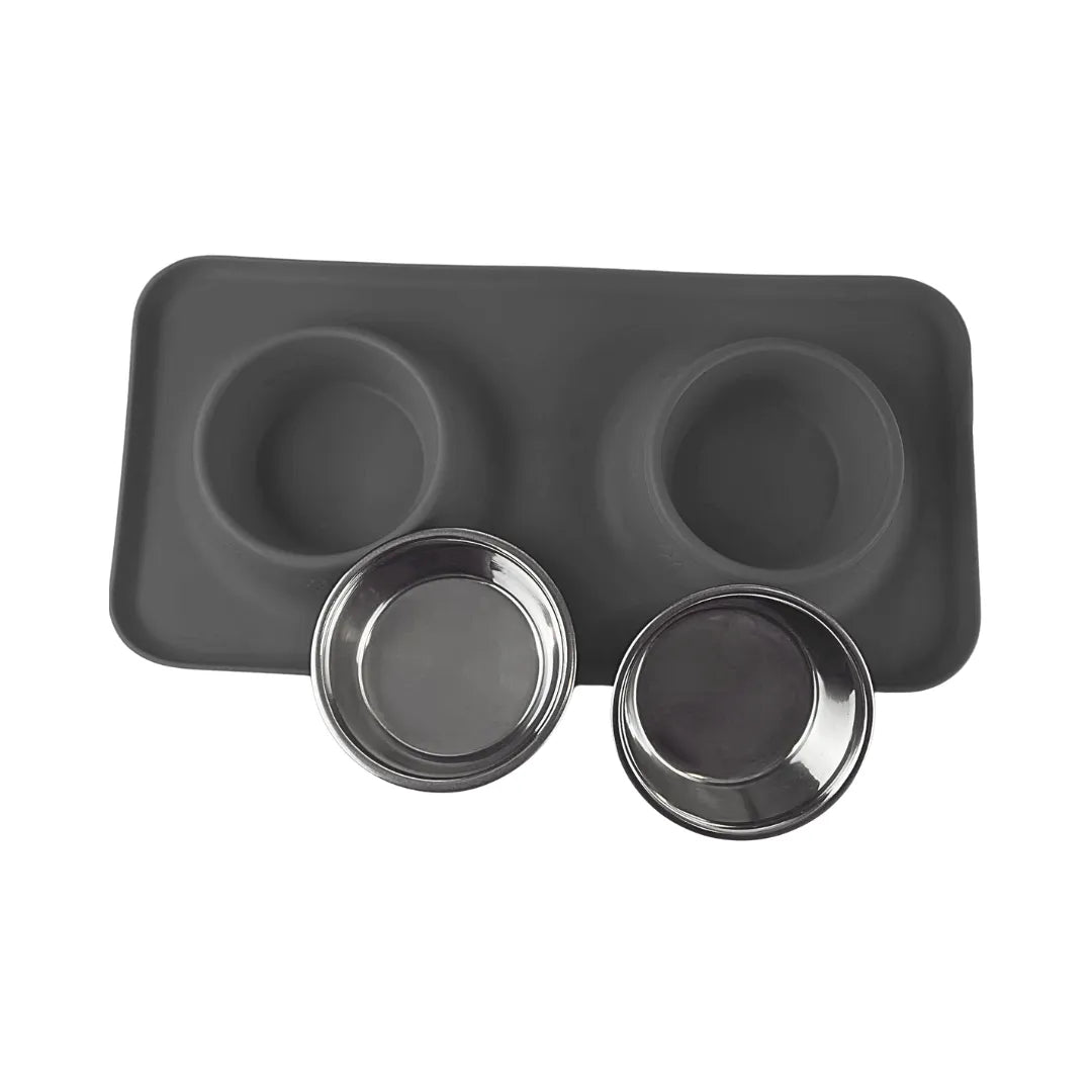 Silicone Rectangular Non Skid Mat with Stainless Steel Bowls - Small - 7 Colors