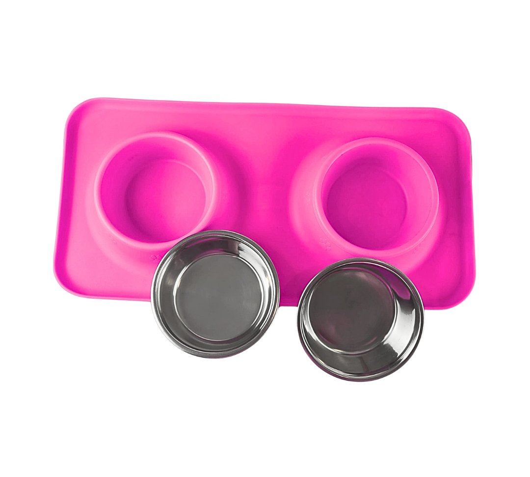 Silicone Rectangular Non Skid Mat with Stainless Steel Bowls - Small - 7 Colors