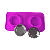 Silicone Rectangular Non Skid Mat with Stainless Steel Bowls - Small - 7 Colors