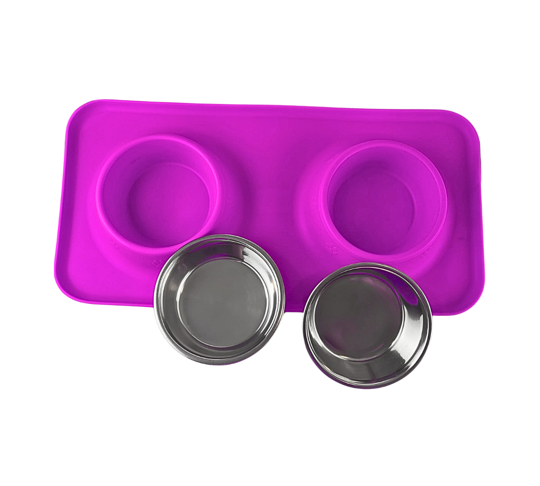 Silicone Rectangular Non Skid Mat with Stainless Steel Bowls - Small - 7 Colors