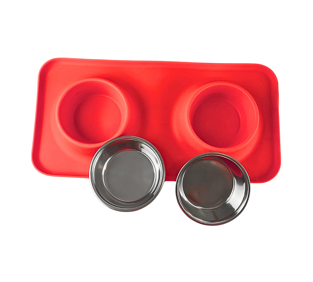Silicone Rectangular Non Skid Mat with Stainless Steel Bowls - Small - 7 Colors