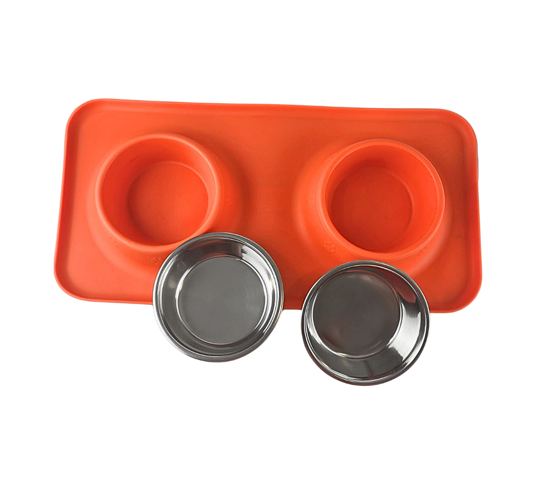 Silicone Rectangular Non Skid Mat with Stainless Steel Bowls - Small - 7 Colors