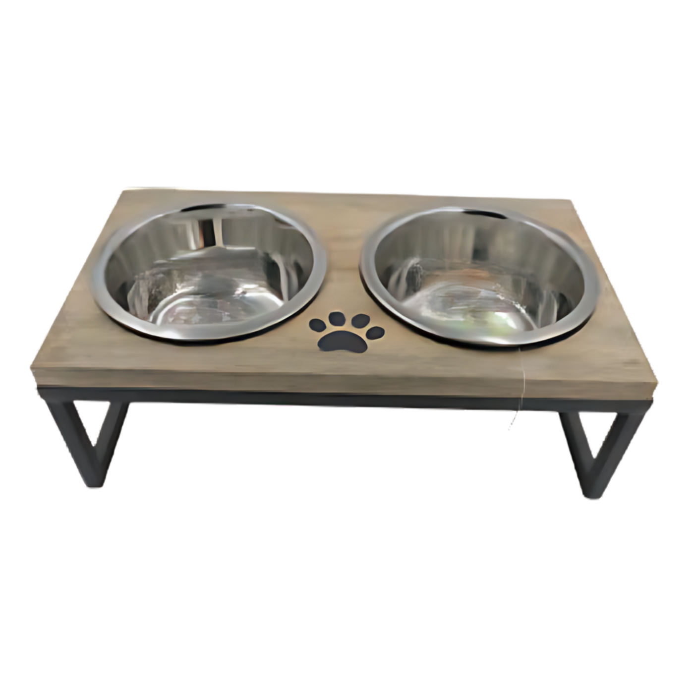 Iron and Wooden Modern Double Diner With Removable Stainless Steel Bowls