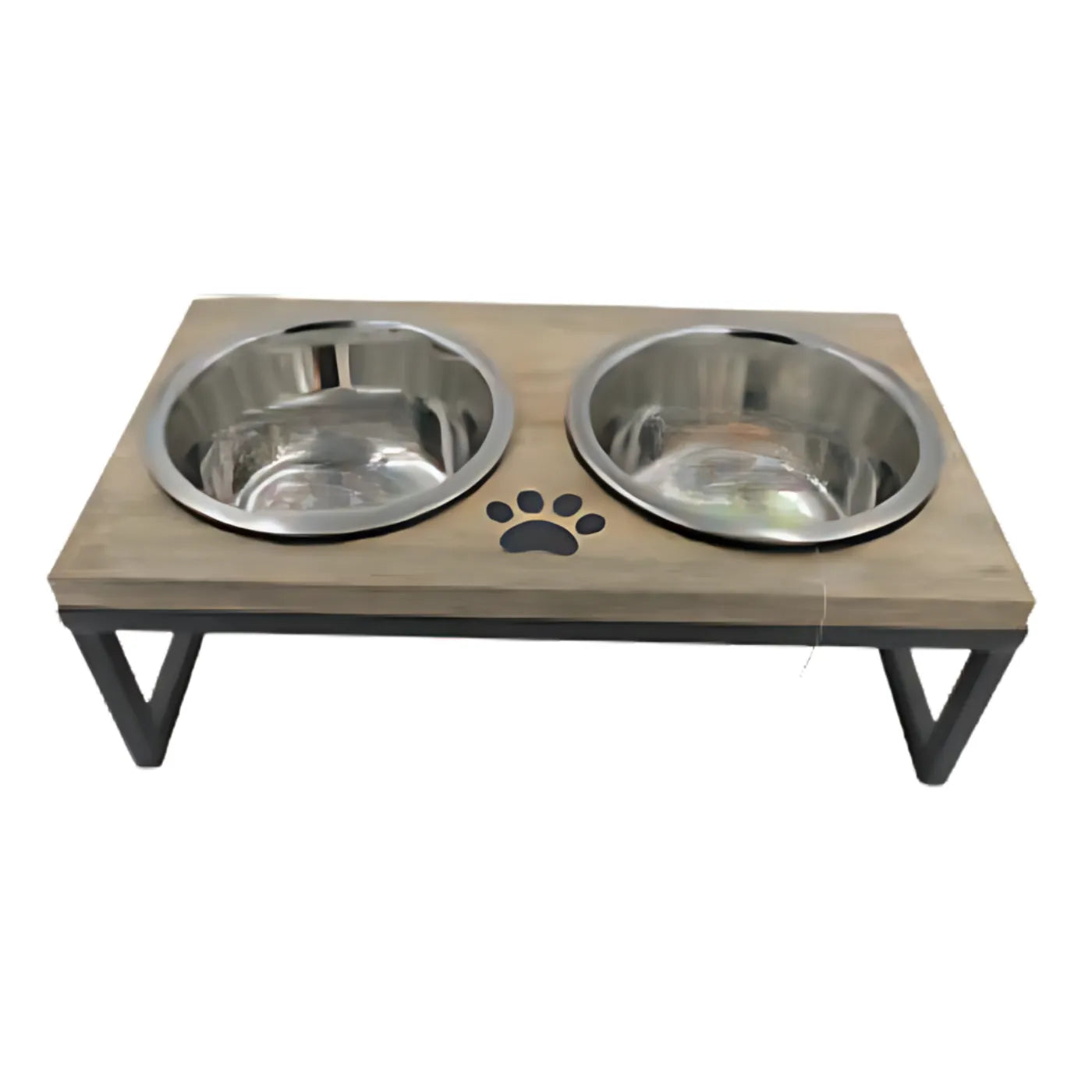 Iron and Wooden Modern Double Diner With Removable Stainless Steel Bowls