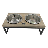 Iron and Wooden Modern Double Diner With Removable Stainless Steel Bowls