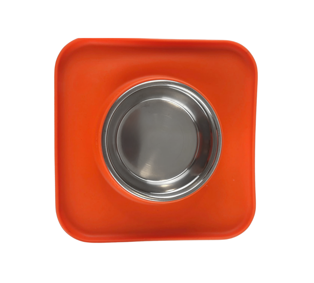 Silicone Square Non Skid Mat with Stainless Steel Bowl - Large - 7 Colors