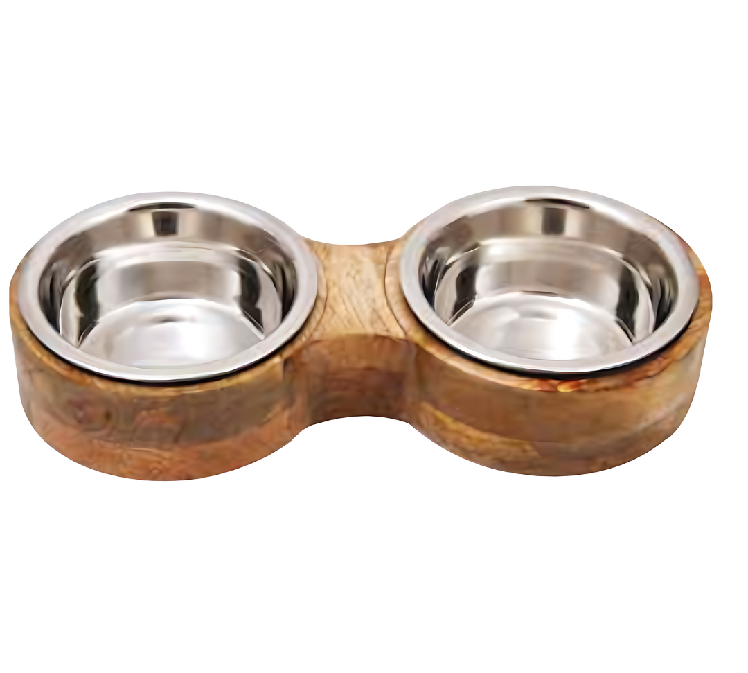 Round Wooden Double Diner With  Stainless steel Removable Bowls