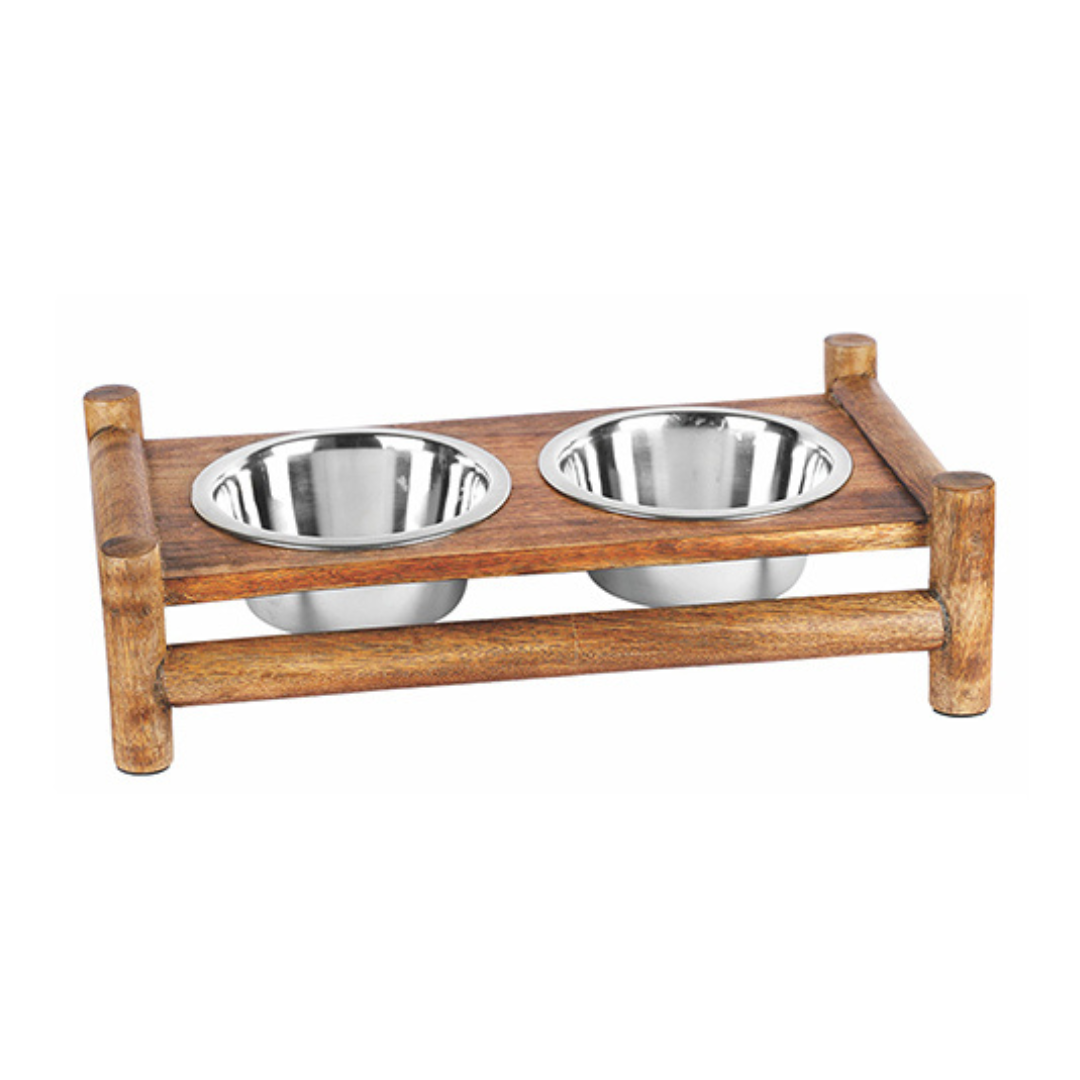 Log Cabin Wooden  Double Diner With Removable Stainless Steel Bowl