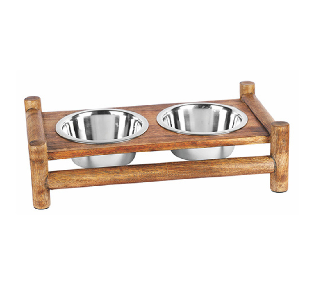 Log Cabin Wooden  Double Diner With Removable Stainless Steel Bowls