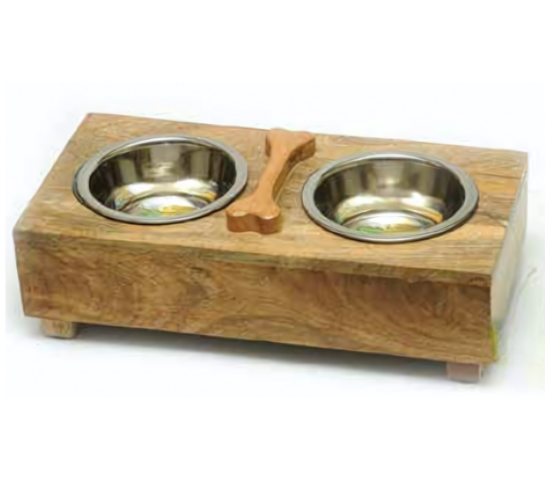 Wooden Bone Design Double Diner With Removable Stainless Steel  Bowls
