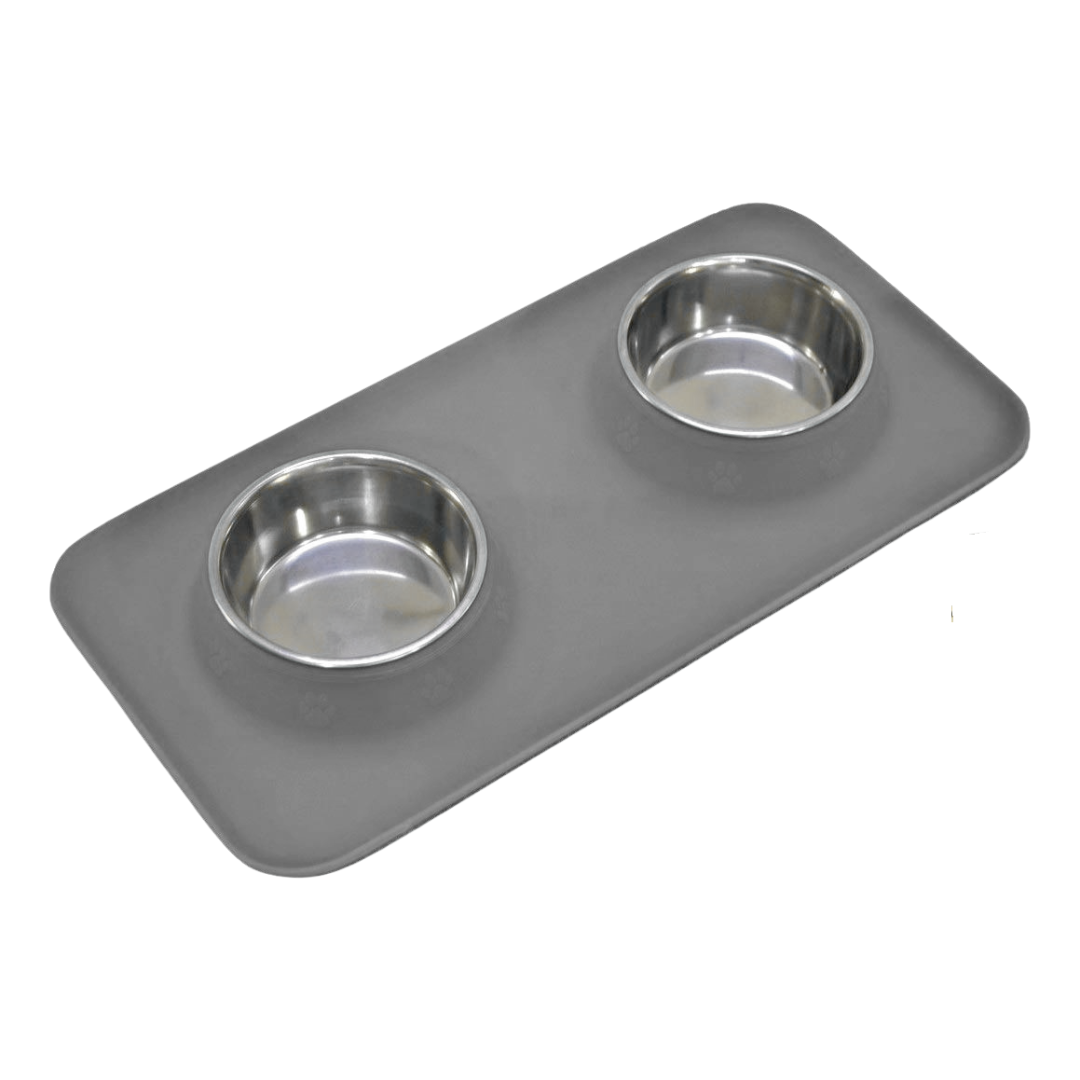 Silicone Rectangular Non Skid Mat with Stainless Steel Bowls - Large - 7 Colors