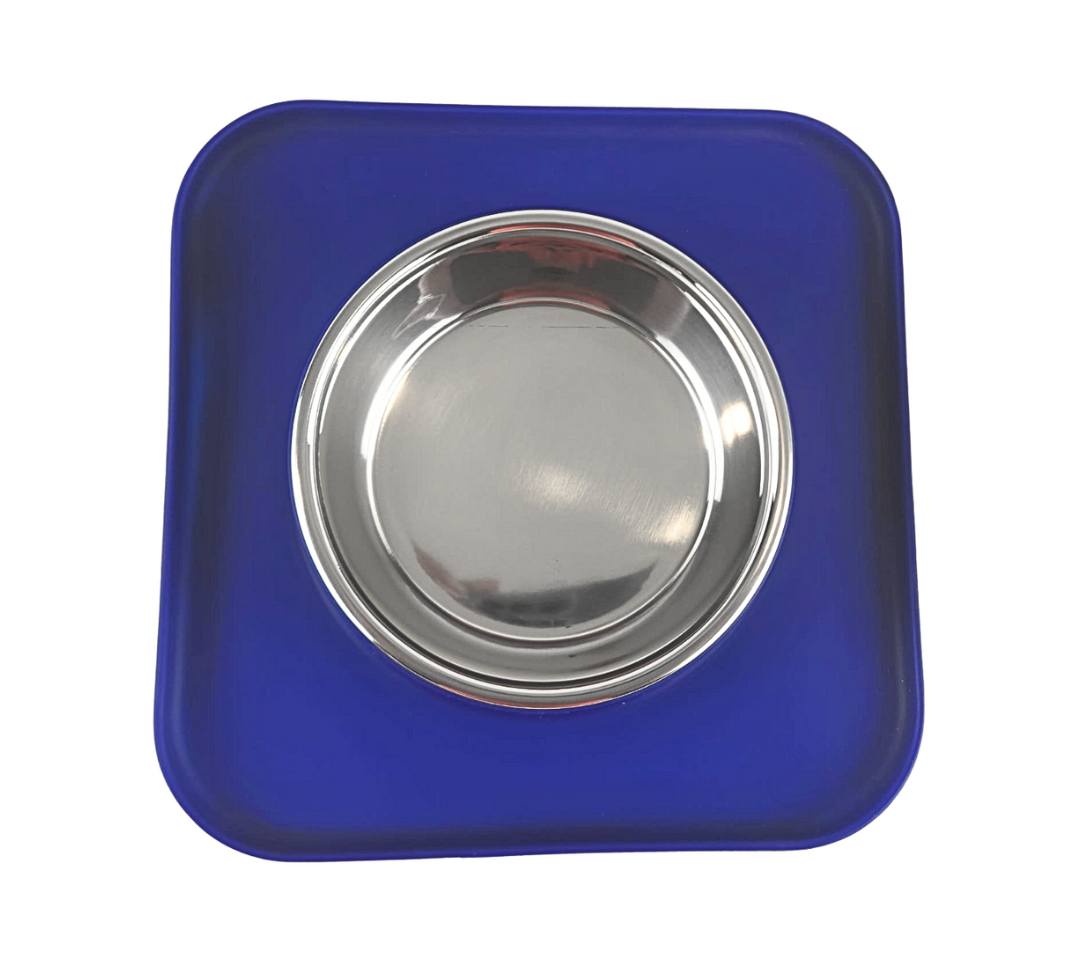 Silicone Square Non Skid Mat with Stainless Steel Bowl - Large - 7 Colors