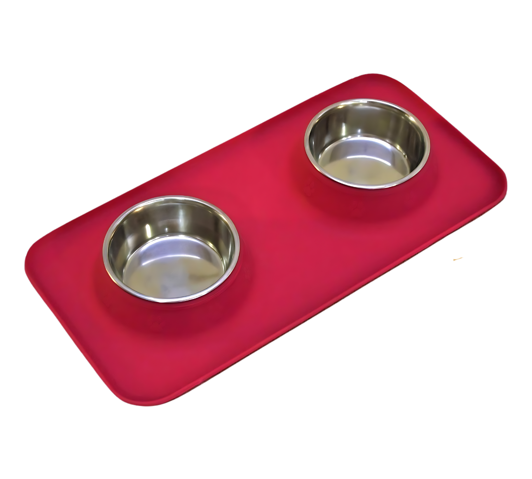 Silicone Rectangular Non Skid Mat with Stainless Steel Bowls - Large - 7 Colors