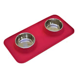 Silicone Rectangular Non Skid Mat with Stainless Steel Bowls - Large - 7 Colors