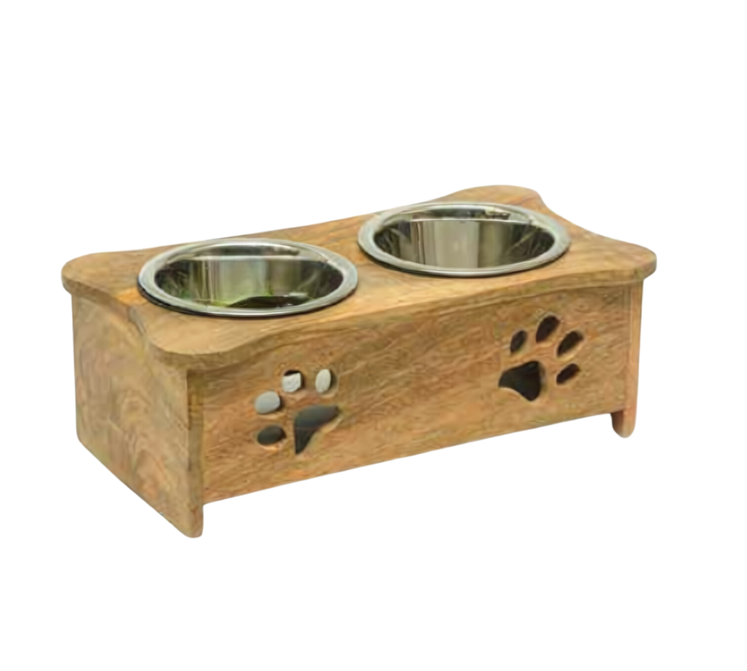 Wooden Paw Design Double Diner With Removable Stainless Steel Bowls