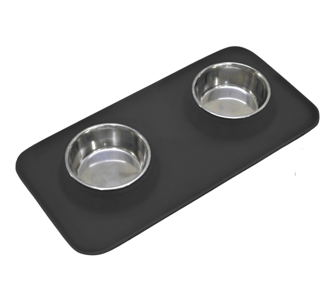 Silicone Rectangular Non Skid Mat with Stainless Steel Bowls - Large - 7 Colors