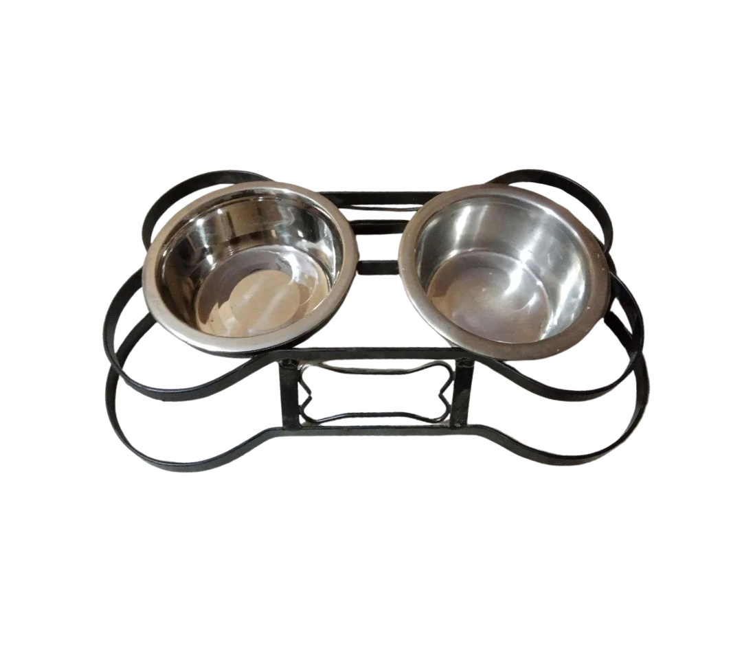 Bone Shape Iron Double Diner With Removable Stainless Steel Bowls