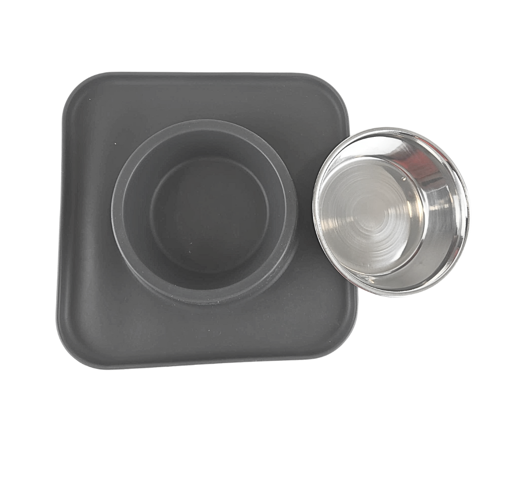 Silicone Square Non Skid Mat with Stainless Steel Bowl - Small - 7 colors