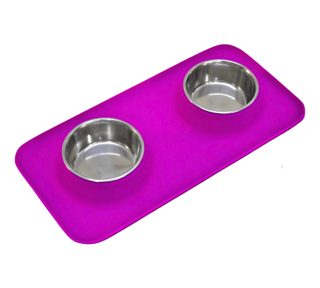 Silicone Rectangular Non Skid Mat with Stainless Steel Bowls - Large - 7 Colors